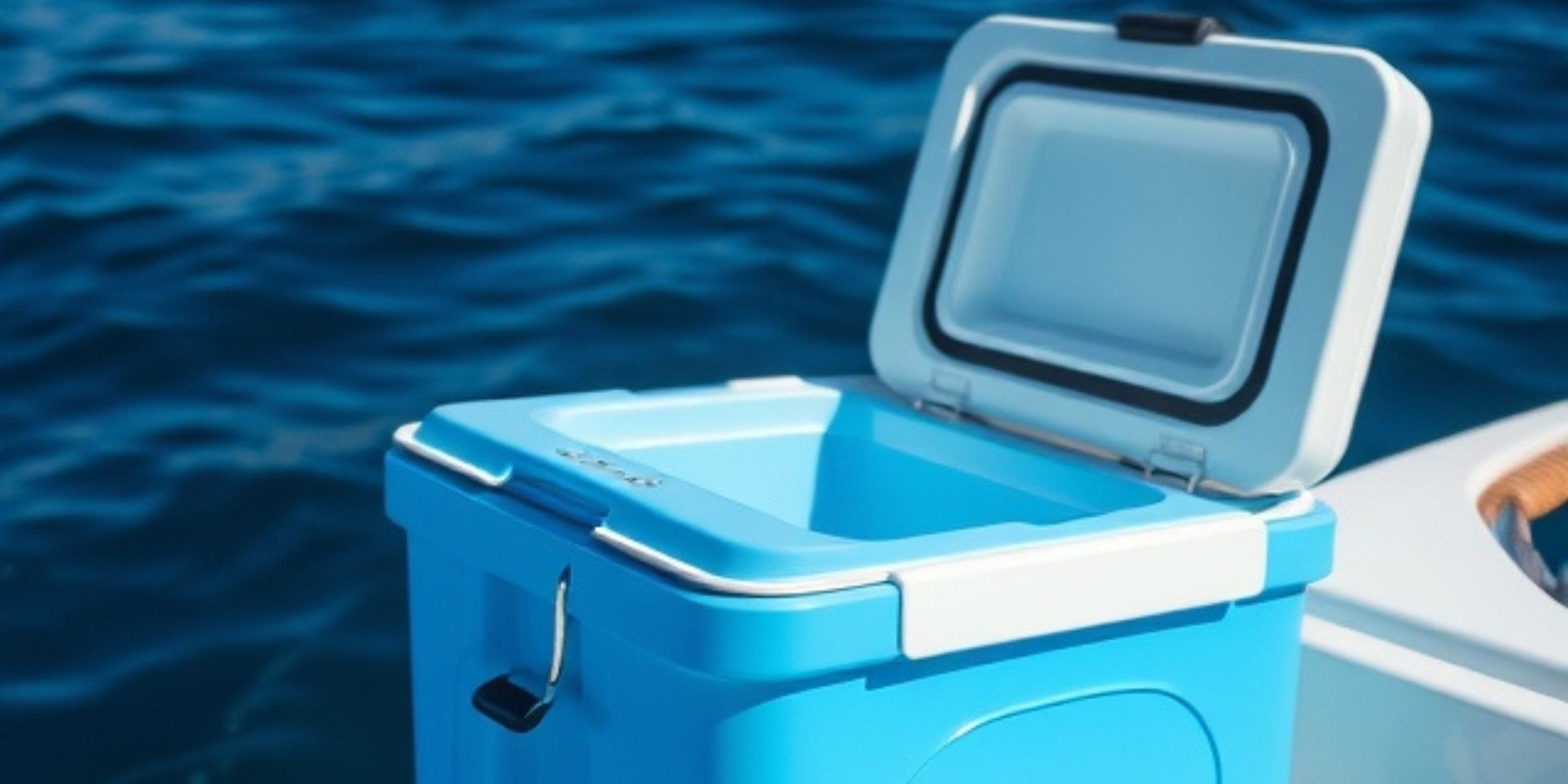 Portable cooler on a compact boat deck with beverages.