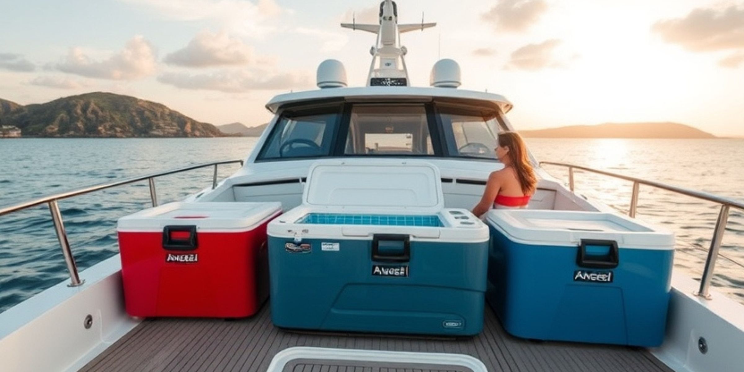 Compact marine cooler on a small boat during a fishing trip