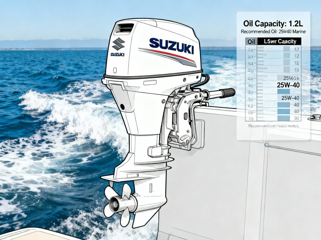 Suzuki outboard lower unit oil capacity chart illustration with marine background
