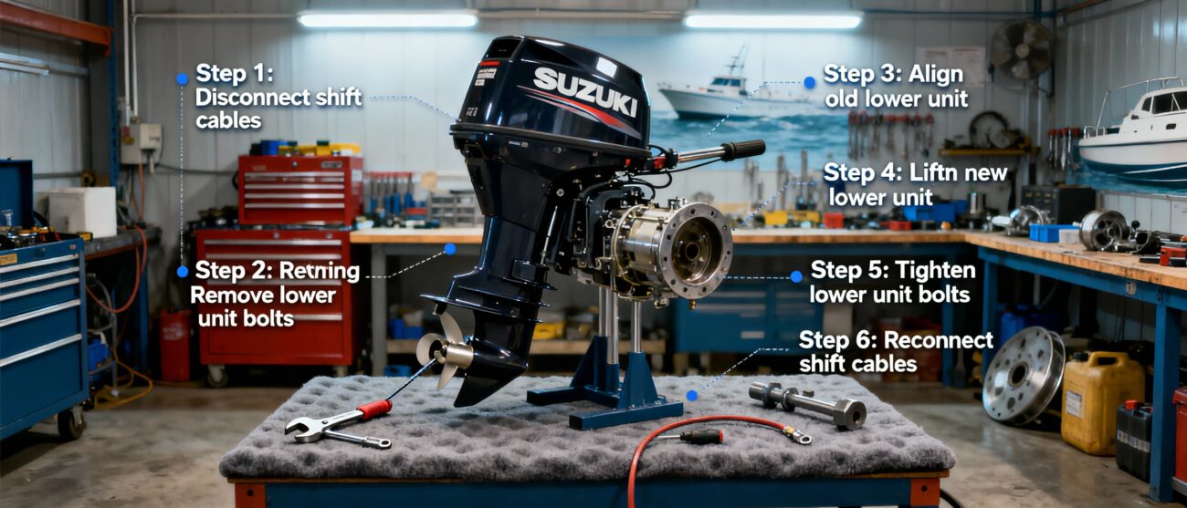 Suzuki lower unit replacement in marine workshop with OEM and refurbished parts comparison
